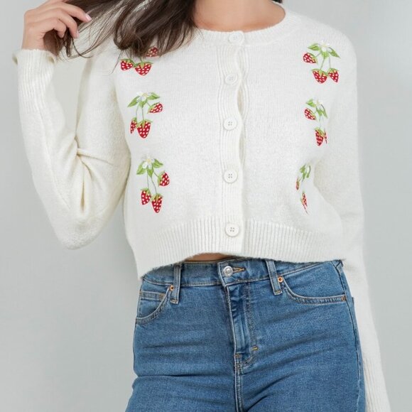 SWEET AS SUGAR STRAWBERRY KNIT CARDIGAN - Picture 1 of 2